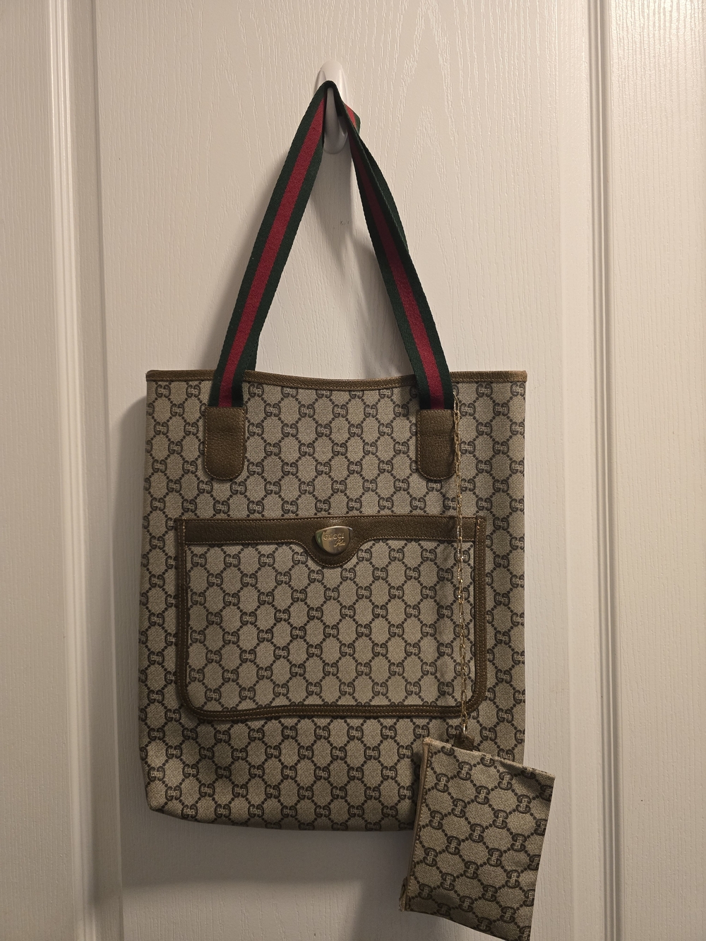 Gucci Beige GG Canvas Tote with Green-Red Web Straps